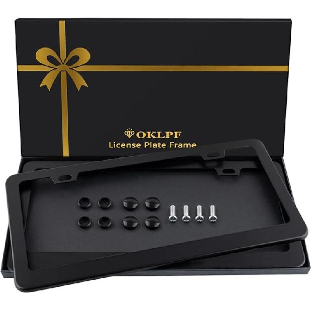 OKLPF Black Matte License Plate Frames 2 Pack,License Plate Holder With 4 Holes, License Plate Cover, Come With Screw Cap, Screw,Washer