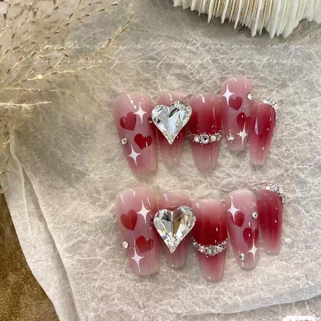 

Spring Pink Heart Diamond Removable Fake Nails