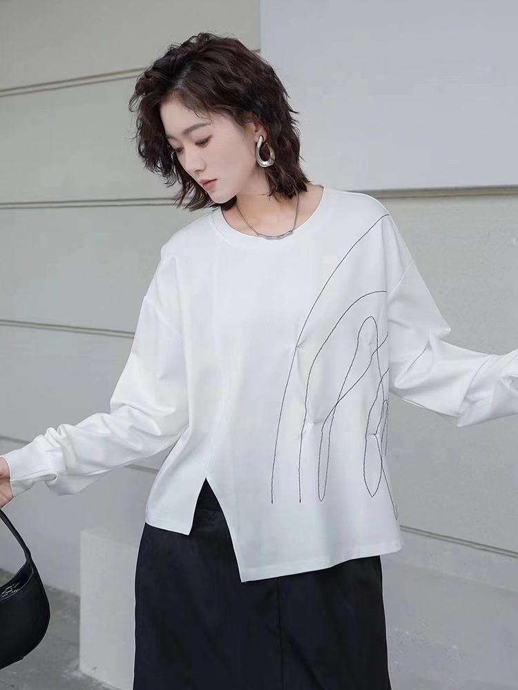 Xitao Line Pleated Slit Irregular Loose Long Sleeved T-shirt  GJ1243