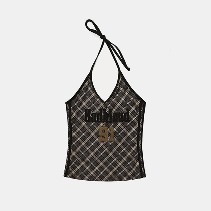 South Korea Badblood American Gyaru Plaid Vest Sling Women Niche Retro Sexy Street Embroidery Top Tide