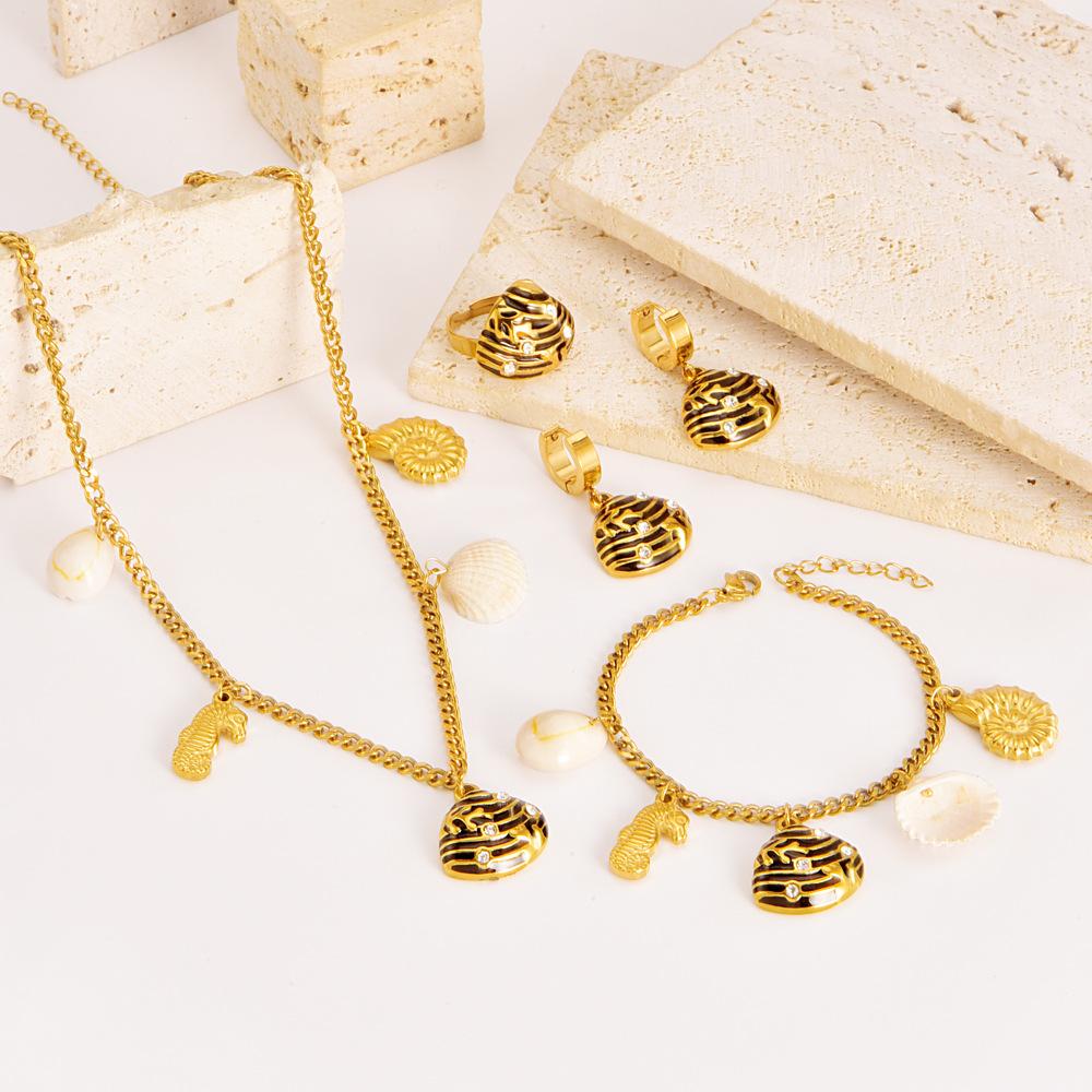 OAHLAN Ocean Series Colorful Scallop Starfish Pearl Sweater Chain 18k Gold Plated Stainless Steel Earrings Bracelet Necklace Set
