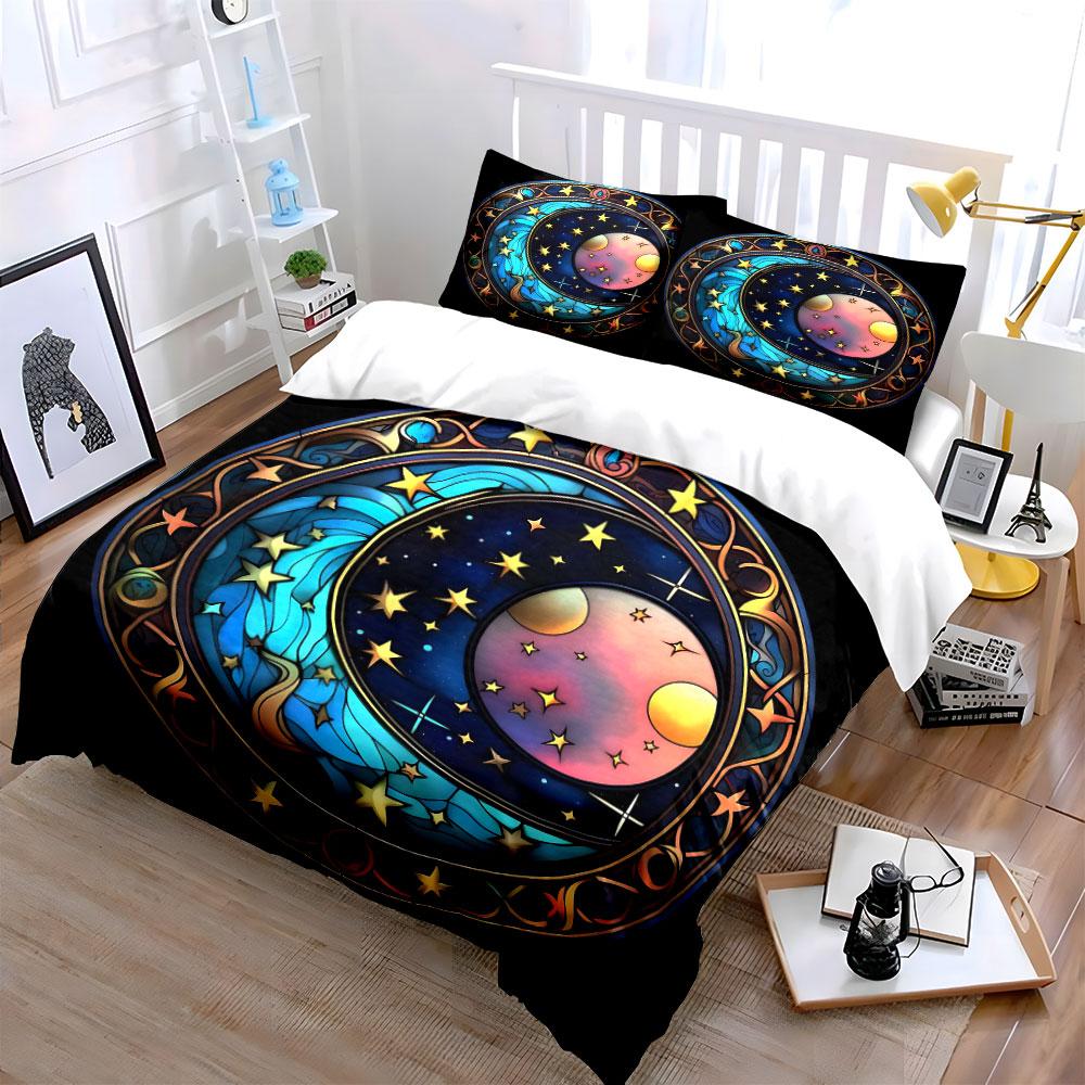 Stained Glass Moon and Stars Set Exquisite Three-piece Bedding Set Gift for Kids and Adults