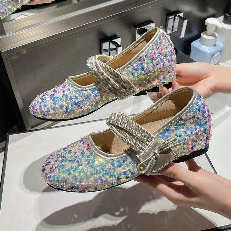 Fashion French Inside Heightened Sequin Mary Jane Shoes Women 2025 New Fall Bow One Strap Soft Sole Shoes