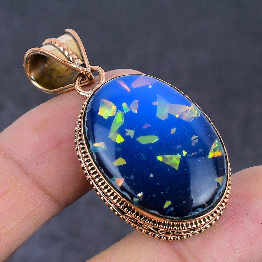 Blue Triplet Opal Gemstone Copper Jewelry Pendant 1.97"