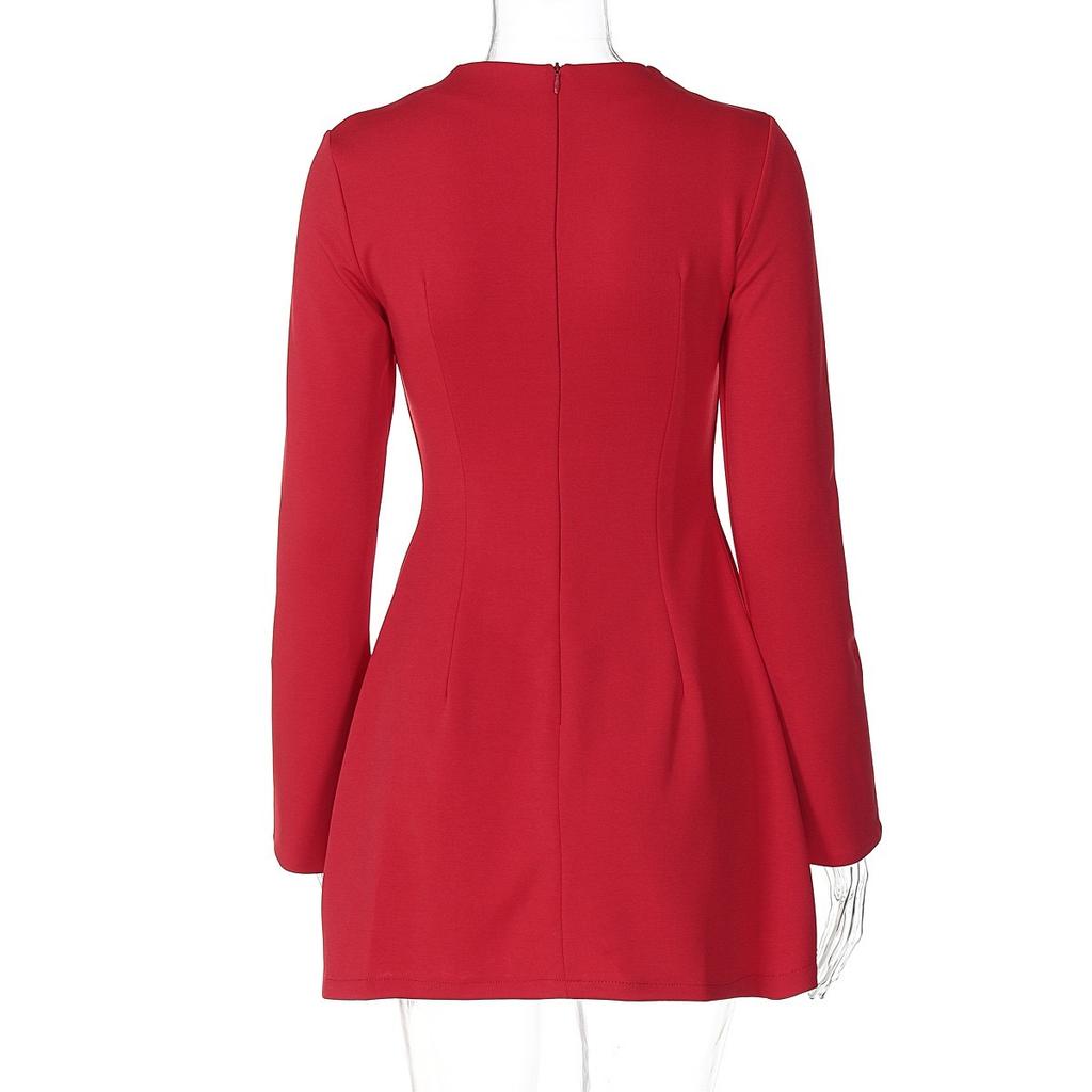 LYRIA Langermet Glidelås Bodycon Mini Kjole Med Lomme Ensfarget Elegant Antrekk Kontor Streetwear Dame Høst Vinter Klær