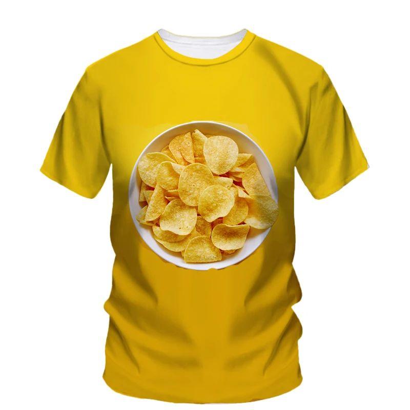 Summer Men Creative Personality Potato Chip Snack Pattern T-Shirt Fashion Interesting O Neck Short Sleeve Loose Plus Size Top