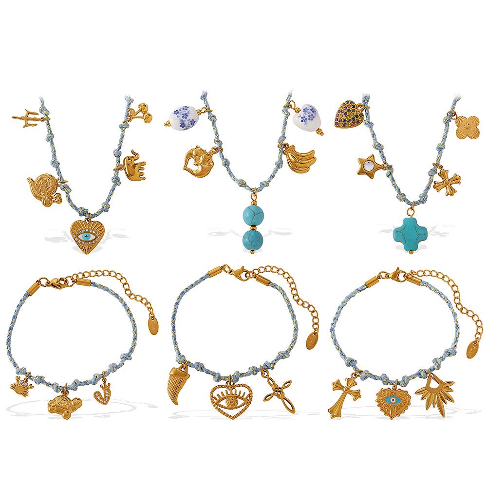 DIY Strandstil Buntes Seil Halsketten- & Armband-Set mit Meeres-Serie Edelstahl-Anhänger