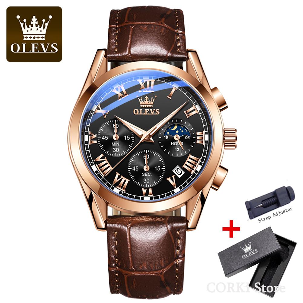 OLEVS 2871 Luxury Waterproof Quartz Watch for Men Leather Strap Mens Wristwatches Date Moon Phase Luminous Clock Reloj Hombre