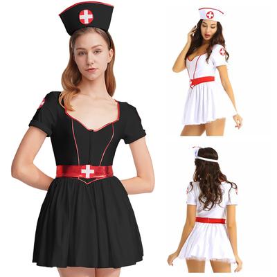Women's Nurse Cosplay Costume Uniform Short Sleeve Dress with Headband and Belt Halloween Outfit