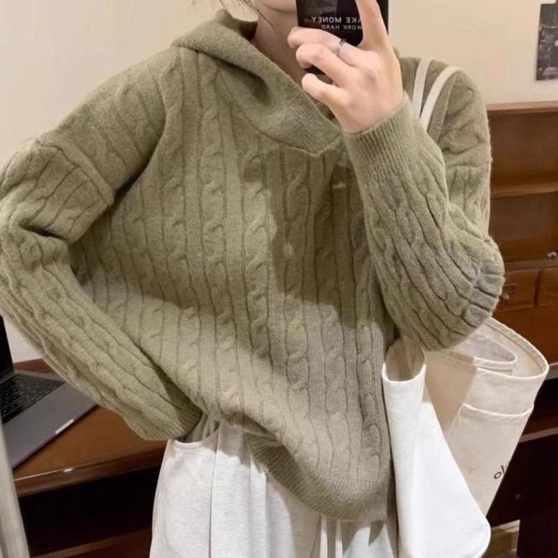 

Осень и зима ленивый свободный свитер с капюшоном и переплетением, вязаный свитер большого размера, базовая вещь с длинным рукавом для женщин L зелёный