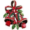Vintage Christmas Bowknot Double Bells Brooch Pins with Green Leaves and Colorful Rhinestones Creative Gift Suit c Corsage for Women