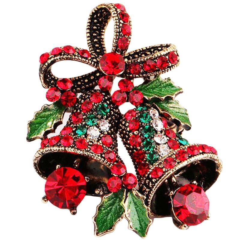 Vintage Christmas Bowknot Double Bells Brooch Pins with Green Leaves and Colorful Rhinestones Creative Gift Suit c Corsage for Women