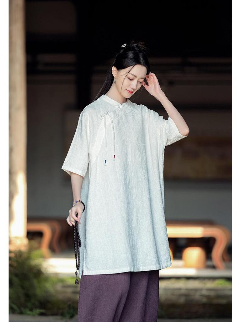 Women's Cotton Linen Stand Collar Cross-Lapel Tie-Up Zen Loose Spring Dress