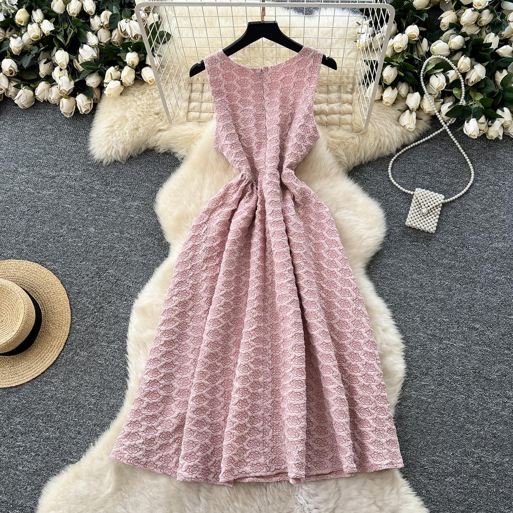 Summer Women Elegant Sleeveless Luxury Beading Collar Jacquard Flower Pink Birthdays Party Ball Gown Dresses