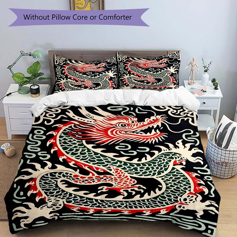 

3pcs Chinese Dragon Bedding Set, Including 1 Quilt Cover and 2 Pillow Shams, Without Filling, Soft and Comfortable Home Bedroom Fabric 135x200cm