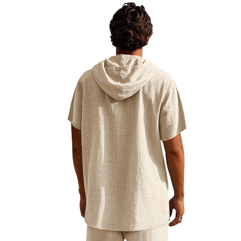 Herren Heiß Verkauft Amerikanisches Sommer Leinenhemd, Einfaches Lockeres Freizeit Kapuzen Henley Kurzarm T-Shirt