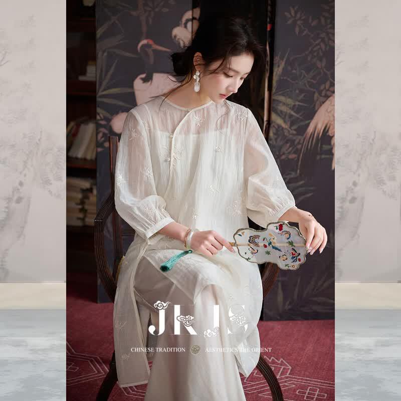 JK&JS Chinese Style Embroidered Tencel Linen Dress
