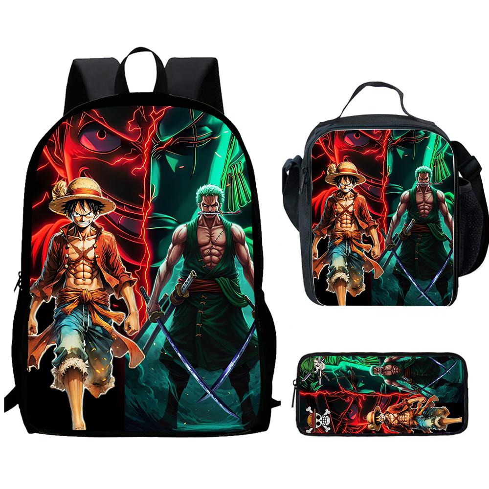 Cartoon One Piece 3Pcs Set, Lightweight Durable Children’s School Backpack with Lunch Bag Pencil Case, Best Gift for Boys Girls