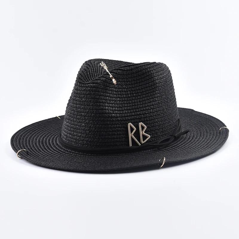 2025 Fashionable Metal RB Letter Denim Straw Hats for Women Men Summer Panaman Jazz Hat Outdoor Holidays Beach Sun Hat Wholesale