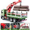 1/24 Scale Wooden Toy Truck Metal Cab, Friction Driven Wooden Truck, Equipped with A Full Function Loading Crane and 3 Loadable Logs, Light and Sound,