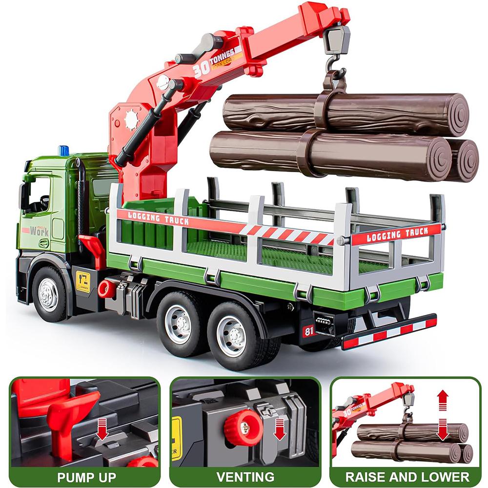1/24 Scale Wooden Toy Truck Metal Cab, Friction Driven Wooden Truck, Equipped with A Full Function Loading Crane and 3 Loadable Logs, Light and Sound,