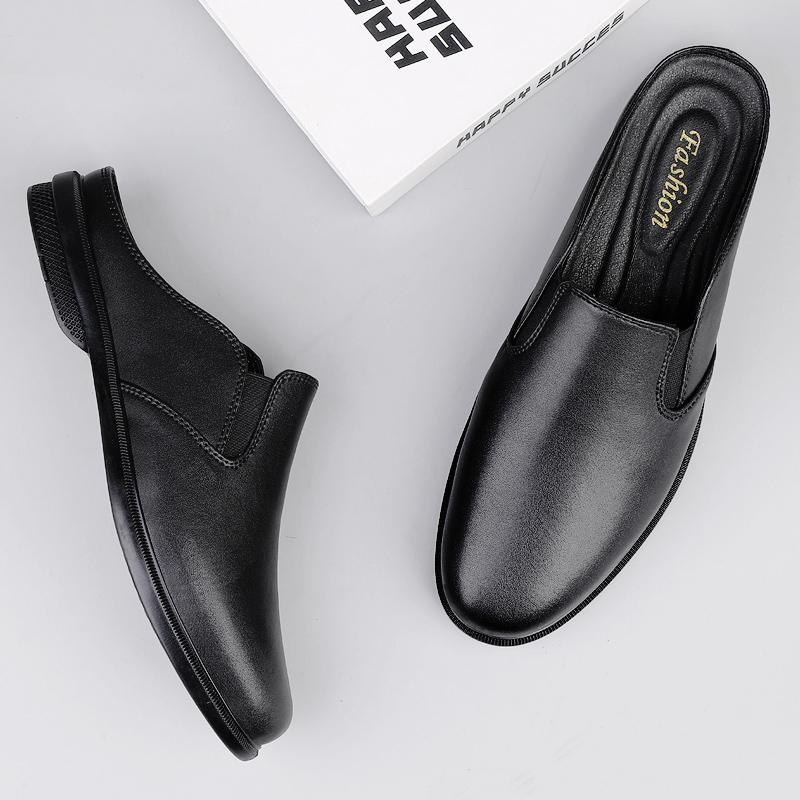 Fashion Genuine Leather Mens Slippers Fashion Simple Slippers Classic Mules Shoes Soft Antiskid Male Half Drag Comfy Slip on Lazy Flats