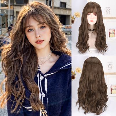 24 Inch Water Curly Wave Short Bangs Wigs Brown Fiber Synthetic Wigs Heat-resistant Natural Party or Selfie For Women Korean Fashion