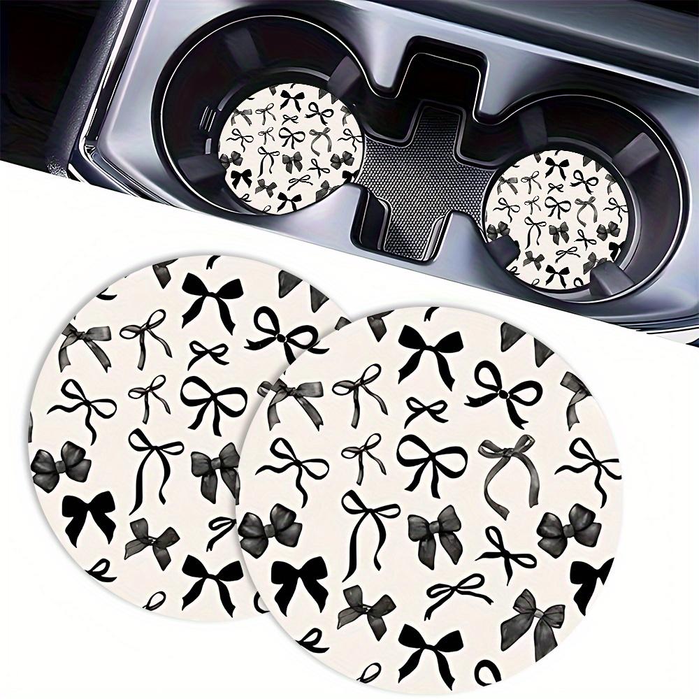 2pcs Black Bow Tie Car Cup Holder Coasters - Non-Slip Rubber Drink Mats with Elegant Bow Tie & Leaf Pattern, Fit for Car Cup Holders