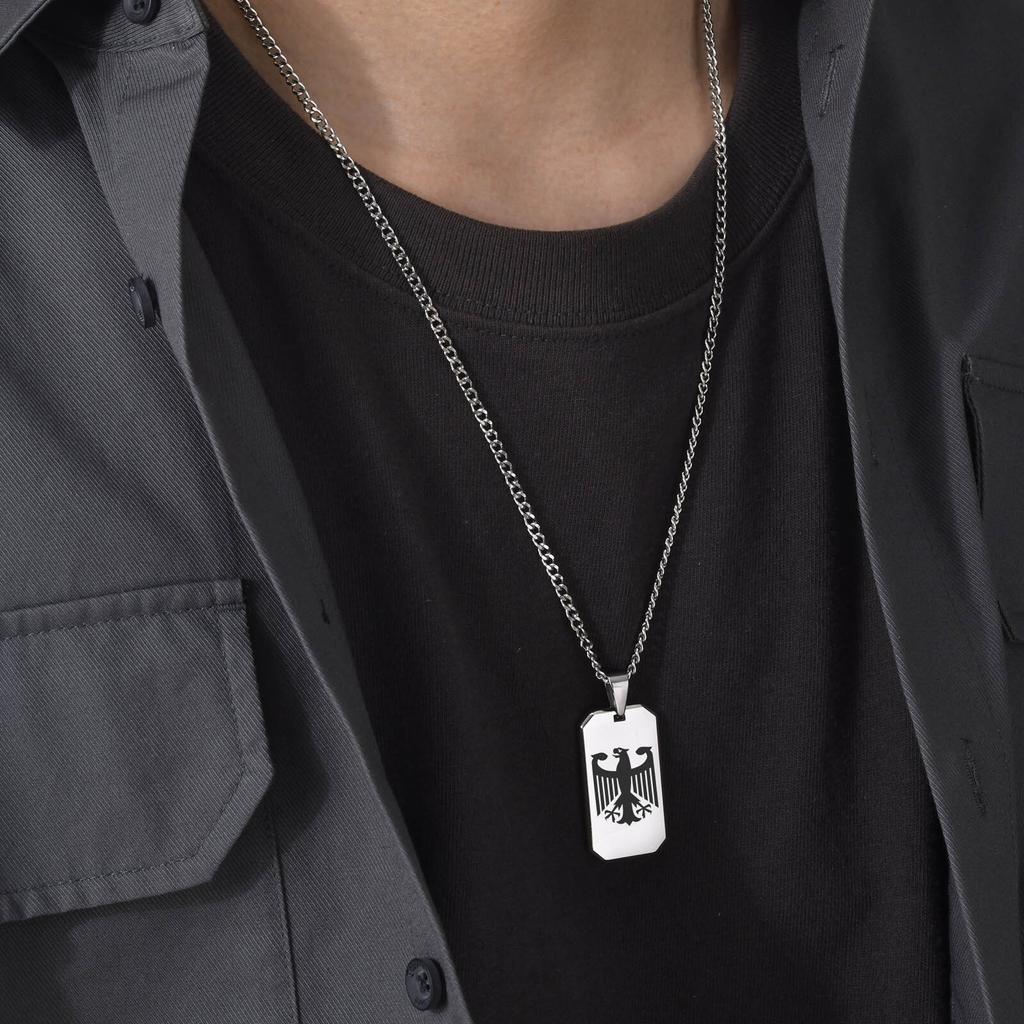 German Eagle Square Neckalces for Men, Stainless Steel Big/Small Dog Tag Pendant Necklace,Trendy Germany Jewelry Gift