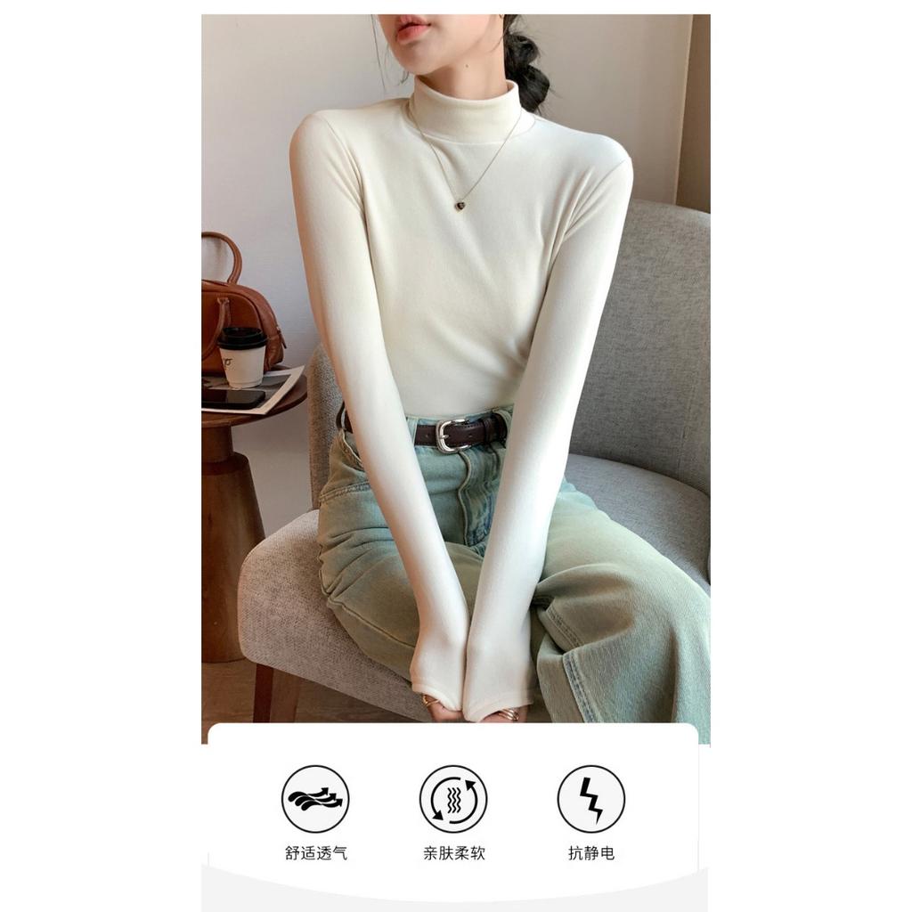 Half High Neck Double-sided German Velvet Base Shirt for Women , with Solid Color and Thick Velvet Inside, Warm Long Sleeved Top