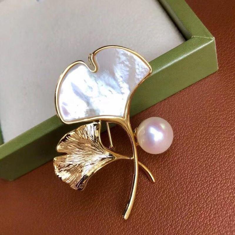 Diy Accessories, Seiko Thick Gold-Plated Temperament Ginkgo Biloba Natural Shell Flower Elegant Brooch Women'S Pin Brooch Empty Holder