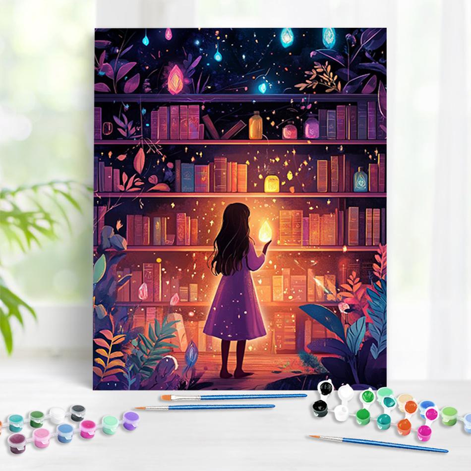 

РУОПОТИ Раскраска по номерам Книжная полка Девушка Ручная роспись Искусство для гостиной Художественные принадлежности по номерам Акриловые наборы Декор для дома 40x50cm NO Frame