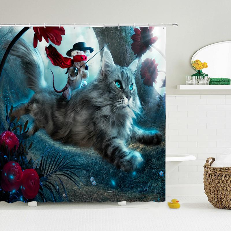 Cat Shower Curtains Bathroom Shower Curtain Cute 3D Fabric Shower Curtain With Hooks Funny Waterproof Shower Curtain Or Mat