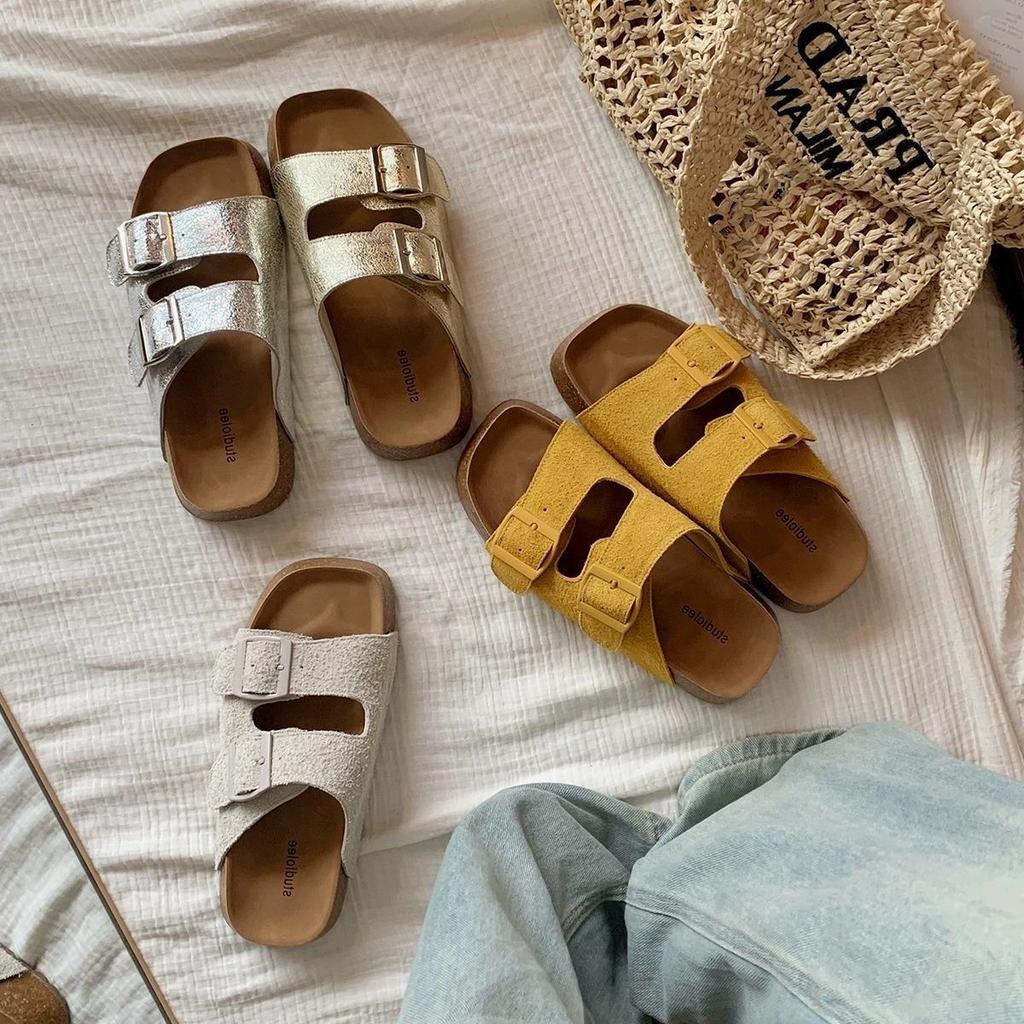 Da Mimi Bokenxia one-word soft leather burst pattern thick bottom cool slippers wear beach girl