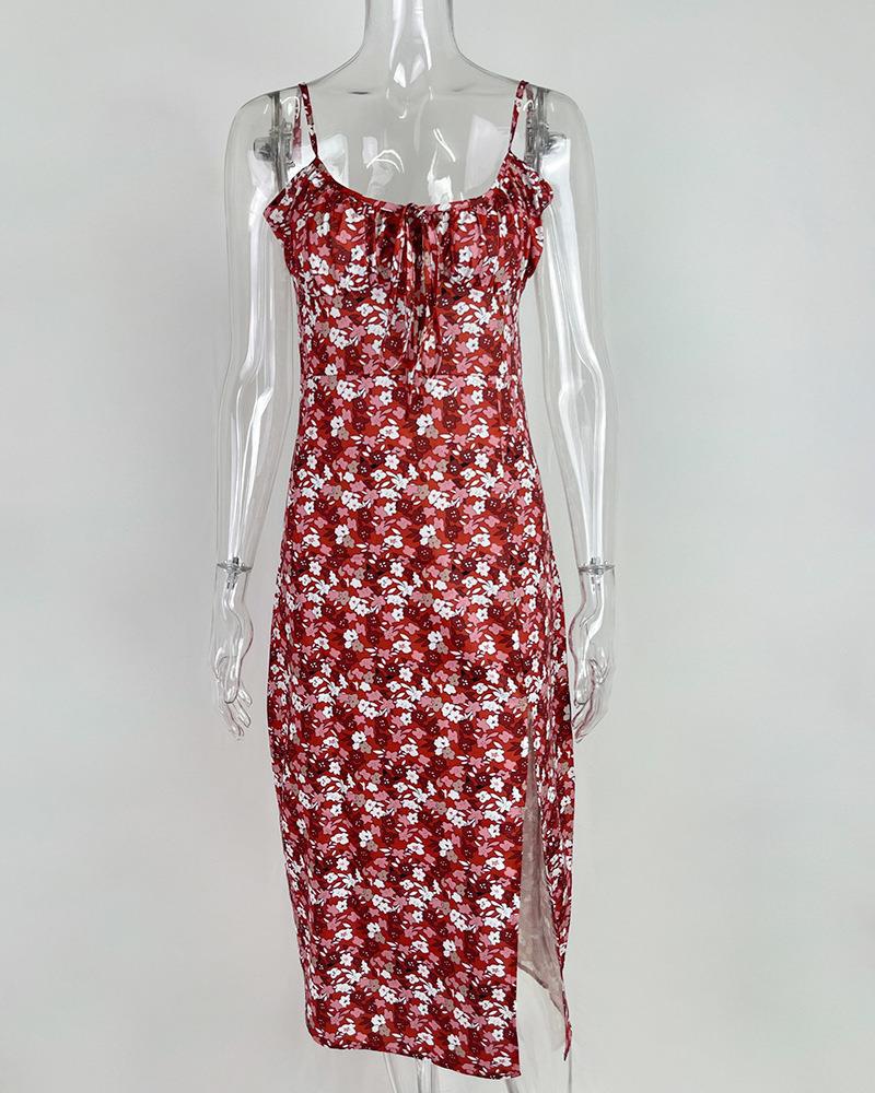 European & American Summer Floral Print Ruched Tie-Up Slit Camisole Dress