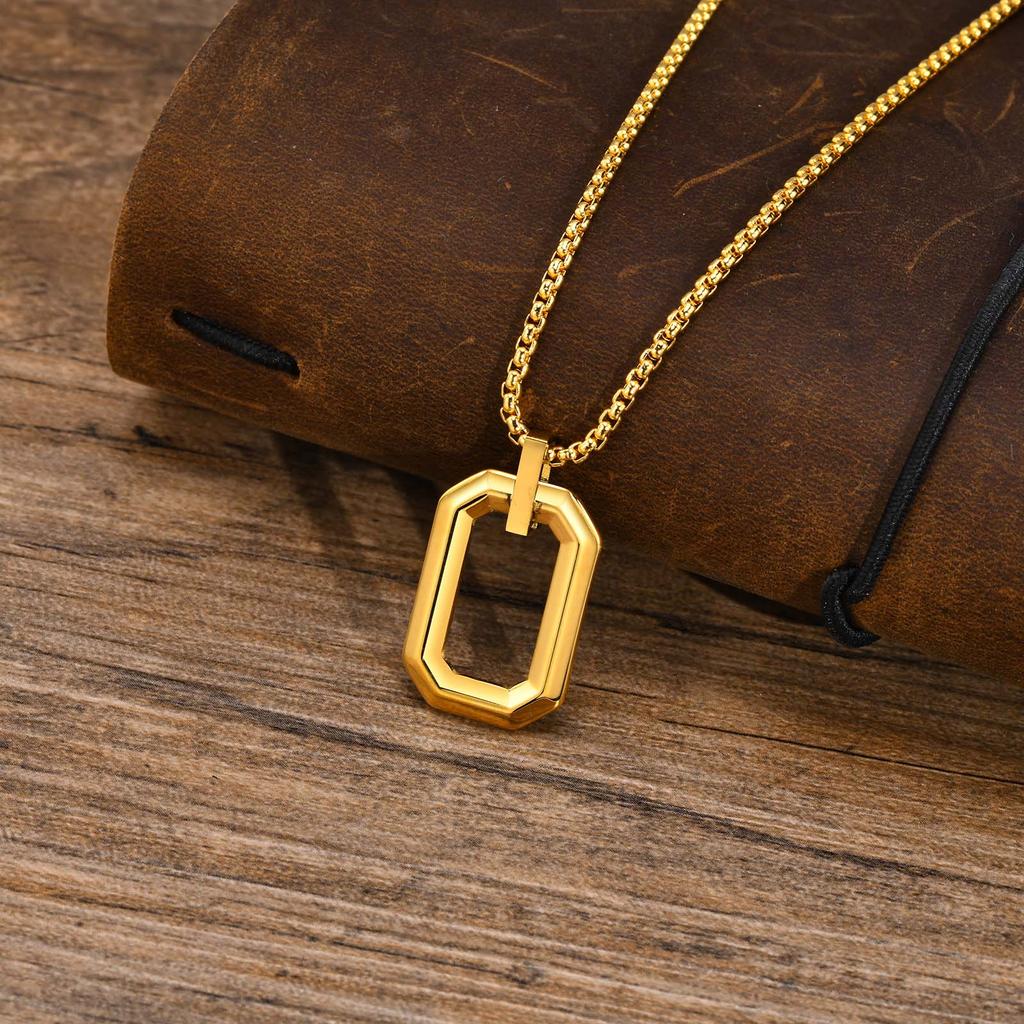 Cool Geometric Pendant Necklaces for Men Boys, Waterproof Stainless Steel Square Pendant with Box Chain, Minimalist Collar Gift