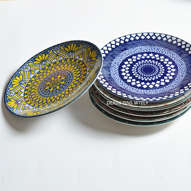 1PC Exquisite Ceramic Plate Round Flat Plate Home Underglaze Color Vegetable Salad Plate Fruit Dishes Kitchen Dinner Plates