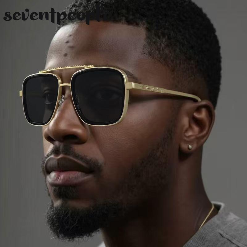 Classic Square Punk Sunglasses Men  Luxury Brand Trendy Metal Frame Outdoor Sun Glasses Vintage Double Beam Shades For Male