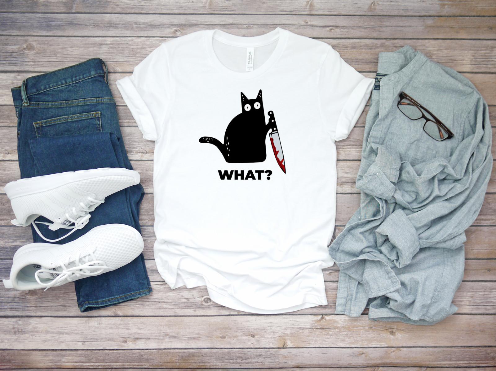 Cat What Cat with a Knife Meme Short Sleeve White Men T-shirt D344 L