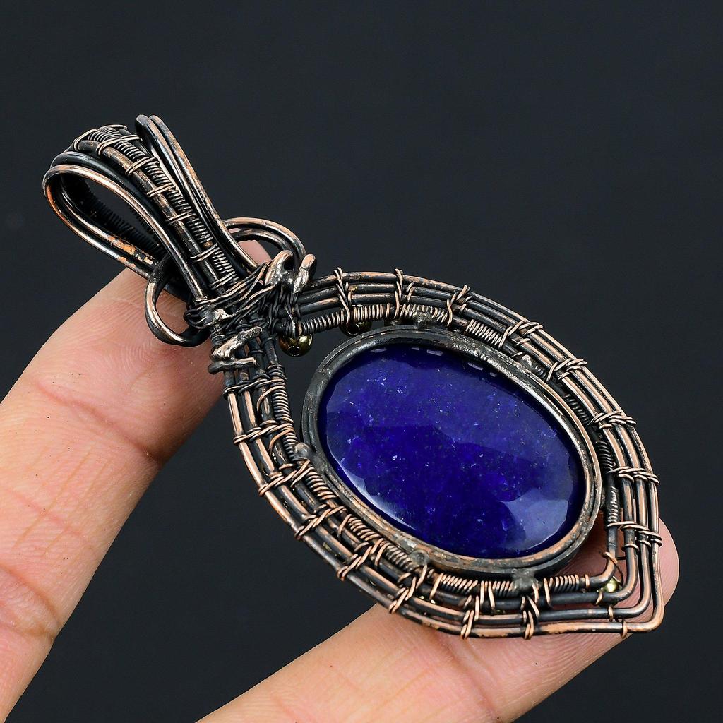 Lab-Created Blue Sapphire Gemstone Pure Copper Wire Wrapped Handmade Jewelry Pendant