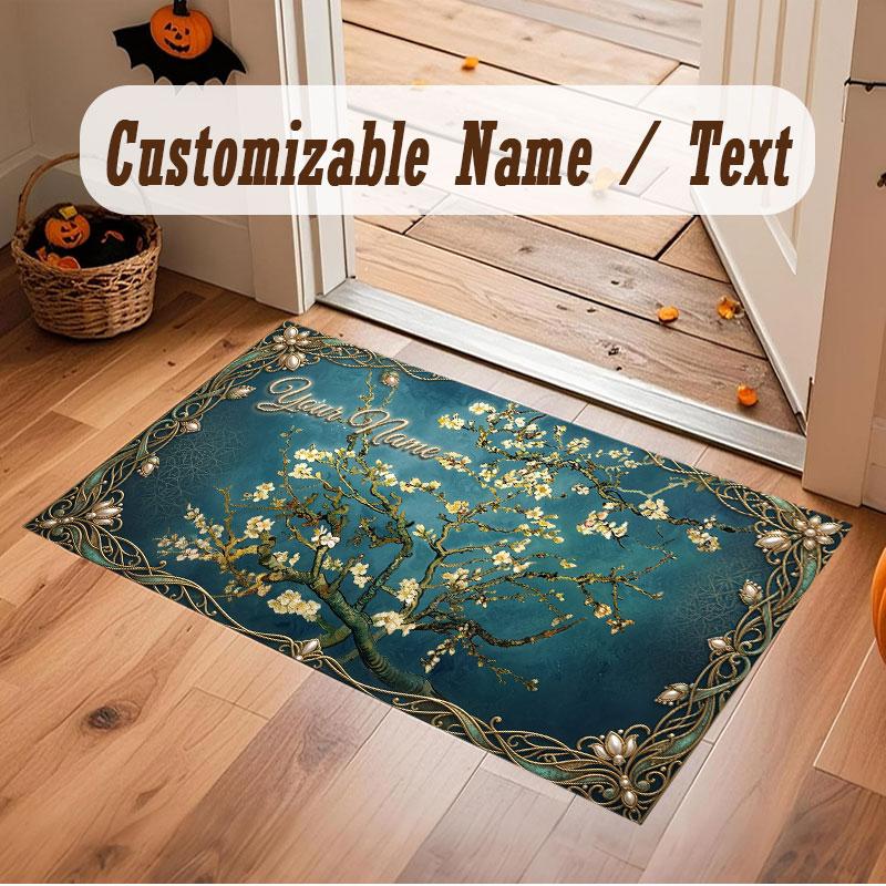 Floral Garden Theme Crystal Velvet Floor Rug Personalized Custom Name Text Warm Carpet Home Decoration