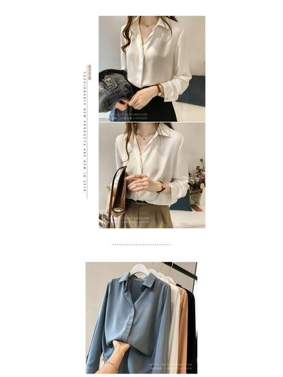2025 Spring All-Match Korean Chiffon Women's Long Sleeve White Shirt - Loose Fit, Large Size