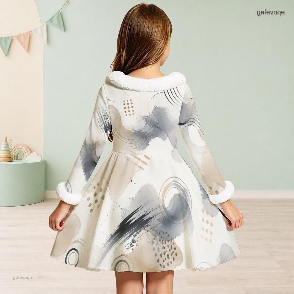 Girls Off White Printed Long Sleeve Fur Collar Bow A Line Flared Dress