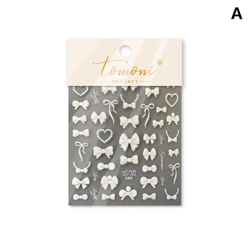 Heart Pearl Nail Stickers Small Fresh White Bow Ribbon Nail Charms Stickers Self Adhesive Nails 3D Decorations Parts DIY Decals
