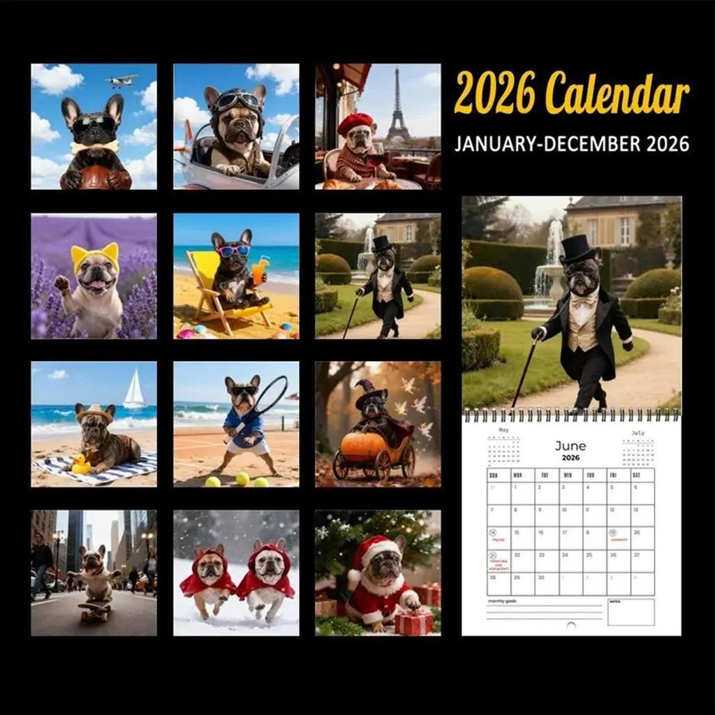 2026 New Year Calendar with Holidays Weekly Hanging Daily Calendars French Bulldog 2026 Calendar Planner for Home Office