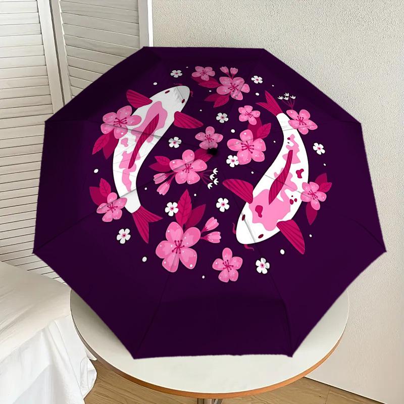 1pc Koi Fish Cherry Blossoms Automatic Folding Umbrella 8 Rib Iron Frame,  Suitable for Travel, Daily Use, Birthday, Women & Men Gift c1231024