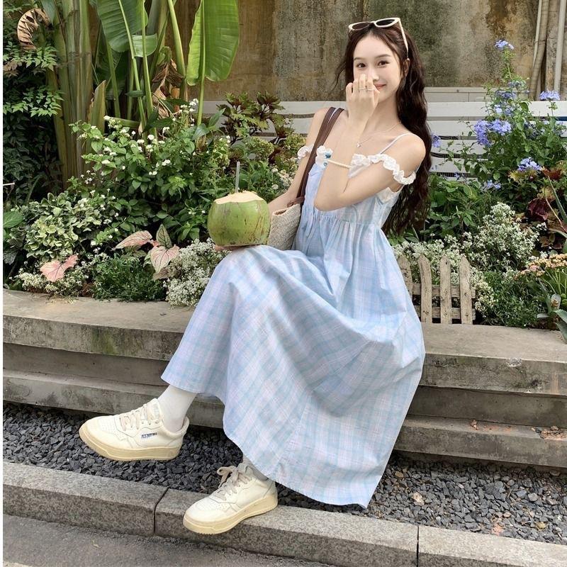 Salt Girl Plaid Dress Fake Two Pieces Summer Temperament Suspender Skirt Schoolgirl Sweet a Word Skirt