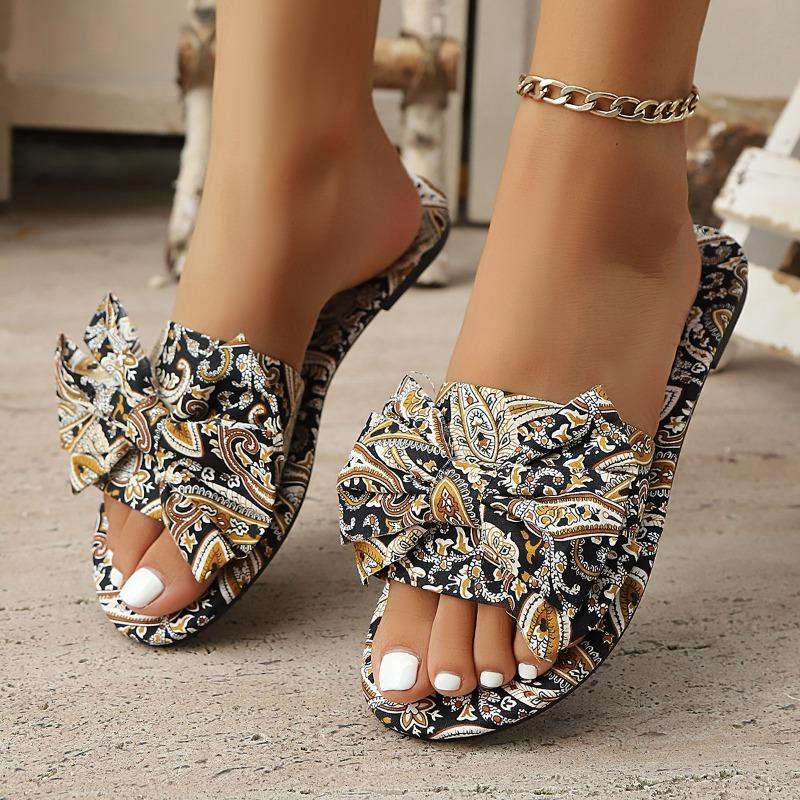 Fashion Plus Size Boho Bow Sandals Round Toe Open Toe Flat Casual Flip Flops Ethnic Style Soft Sole Printed Slippers