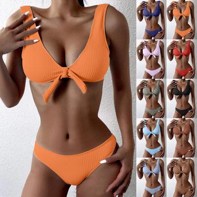 Conjunto de traje de baño de Bikini con chaleco con lazo y cintura de Color sólido Sexy a la moda de verano para mujer