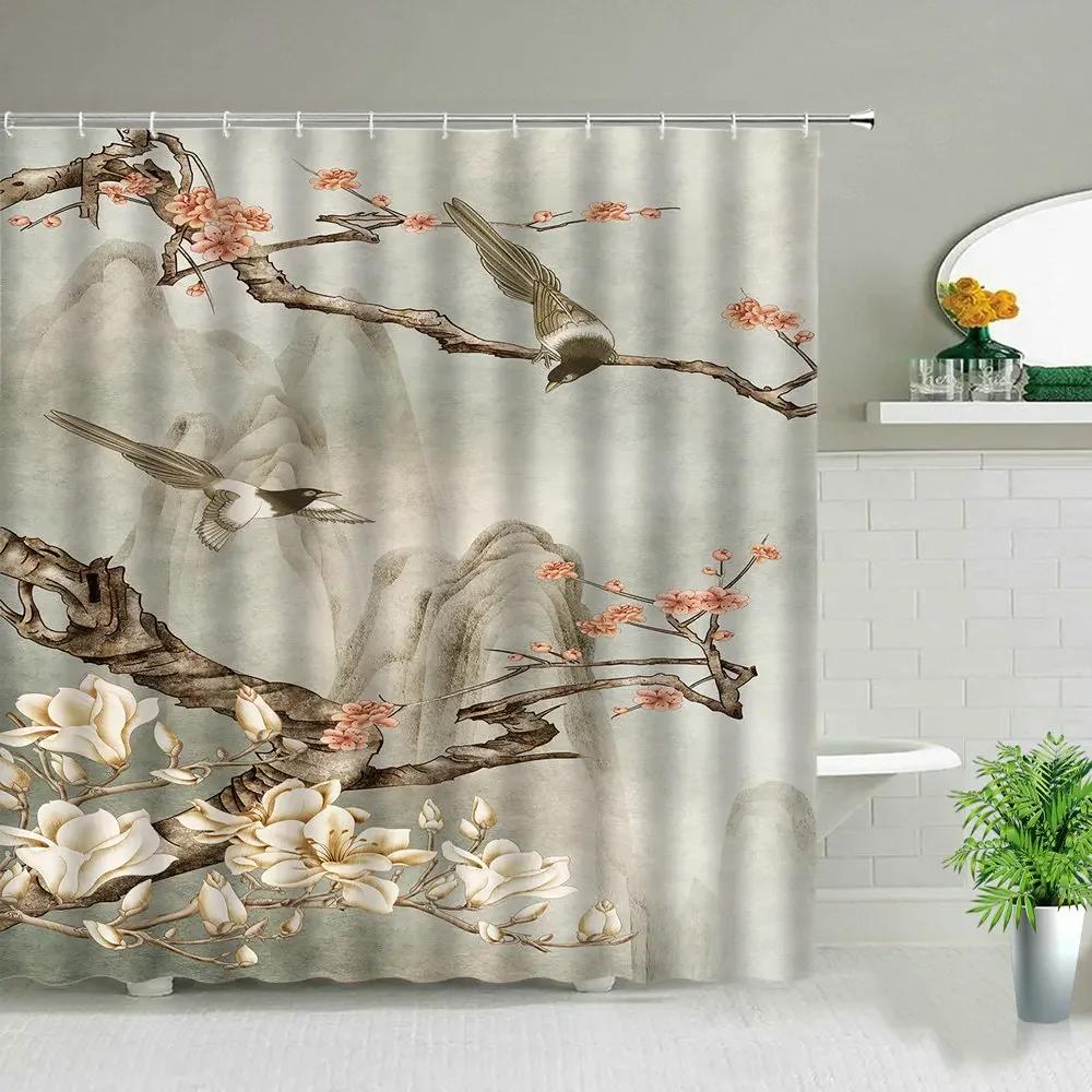 Chinese Style Ink Painting Bamboo Landscape Shower Curtain Flower Bird Scenery Bathroom Waterproof Cloth Bath Curtains With Ho
